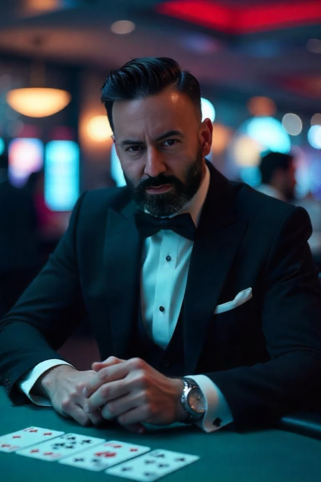 AI-styled photo booth portrait of a bearded man in a tuxedo seated at a card table in a casino setting