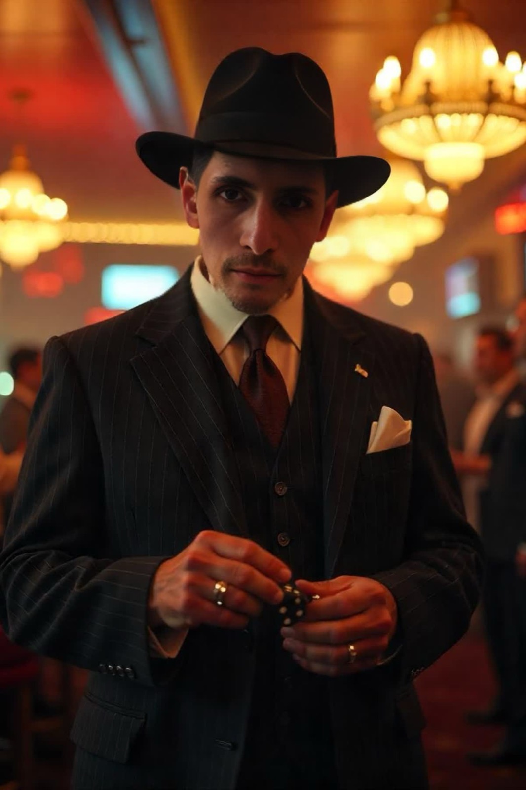 AI photo booth portrait of a man in a dark fedora and pinstripe three-piece suit holding dice in a chandelier-lit room