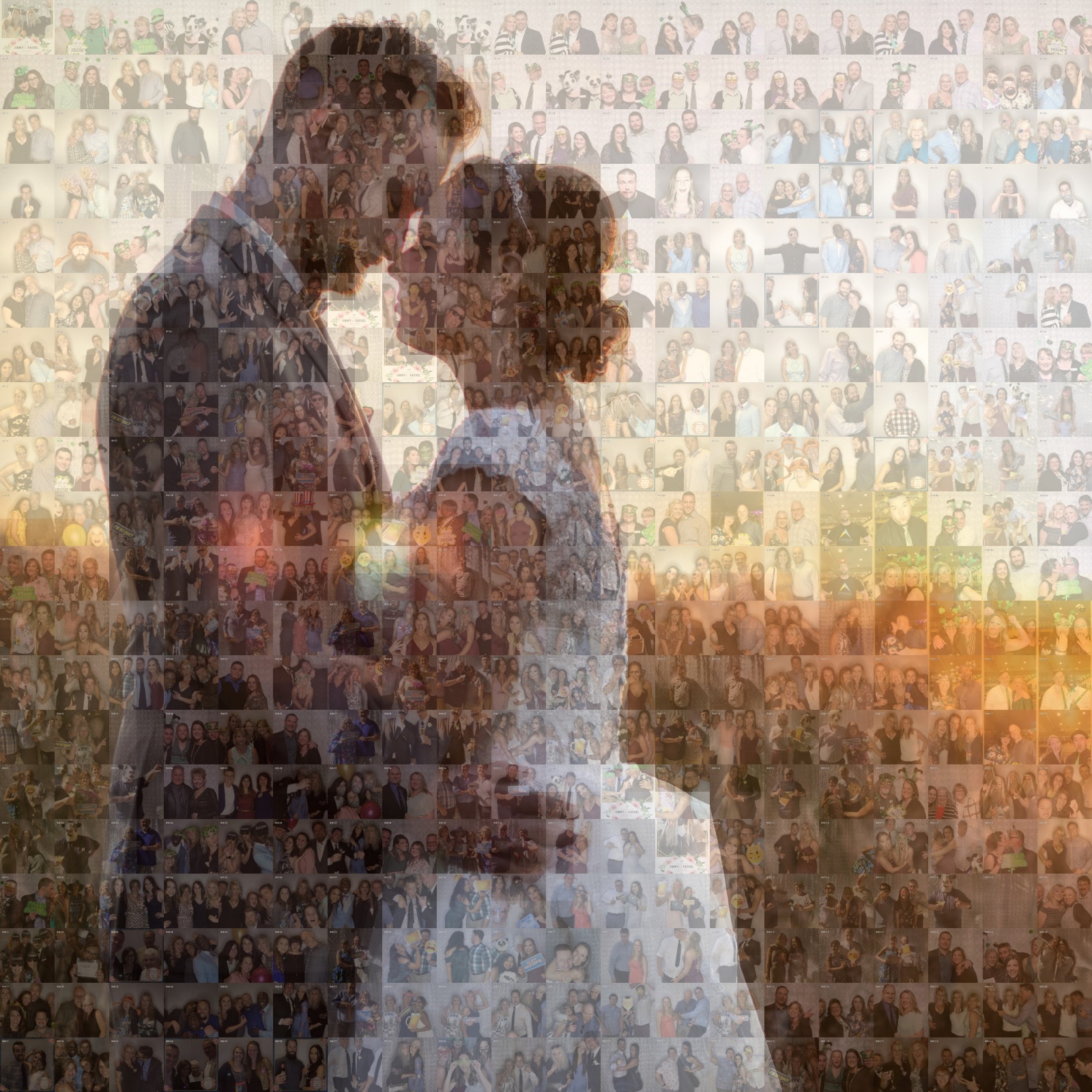 Photo mosaic of a kissing wedding couple built from hundreds of small photo booth pictures