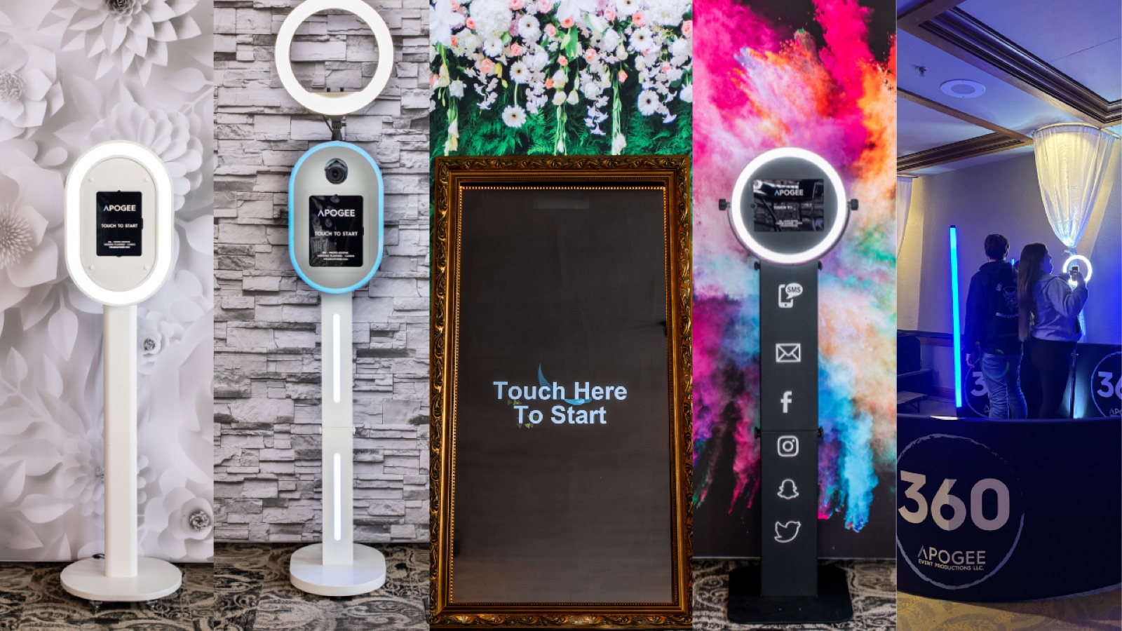 Five Apogee photo booth styles side by side: open-air booths, the gold-framed Magic Mirror, a social-sharing tower, and the 360 platform