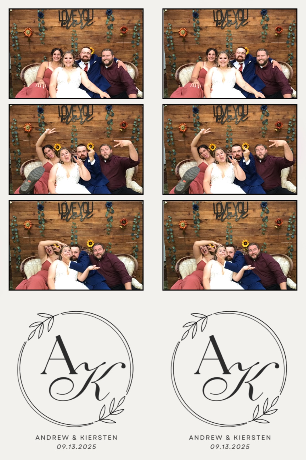 Photo booth print strip with six frames of a wedding party posing on a couch, monogram reads Andrew and Kiersten 09.13.2025.