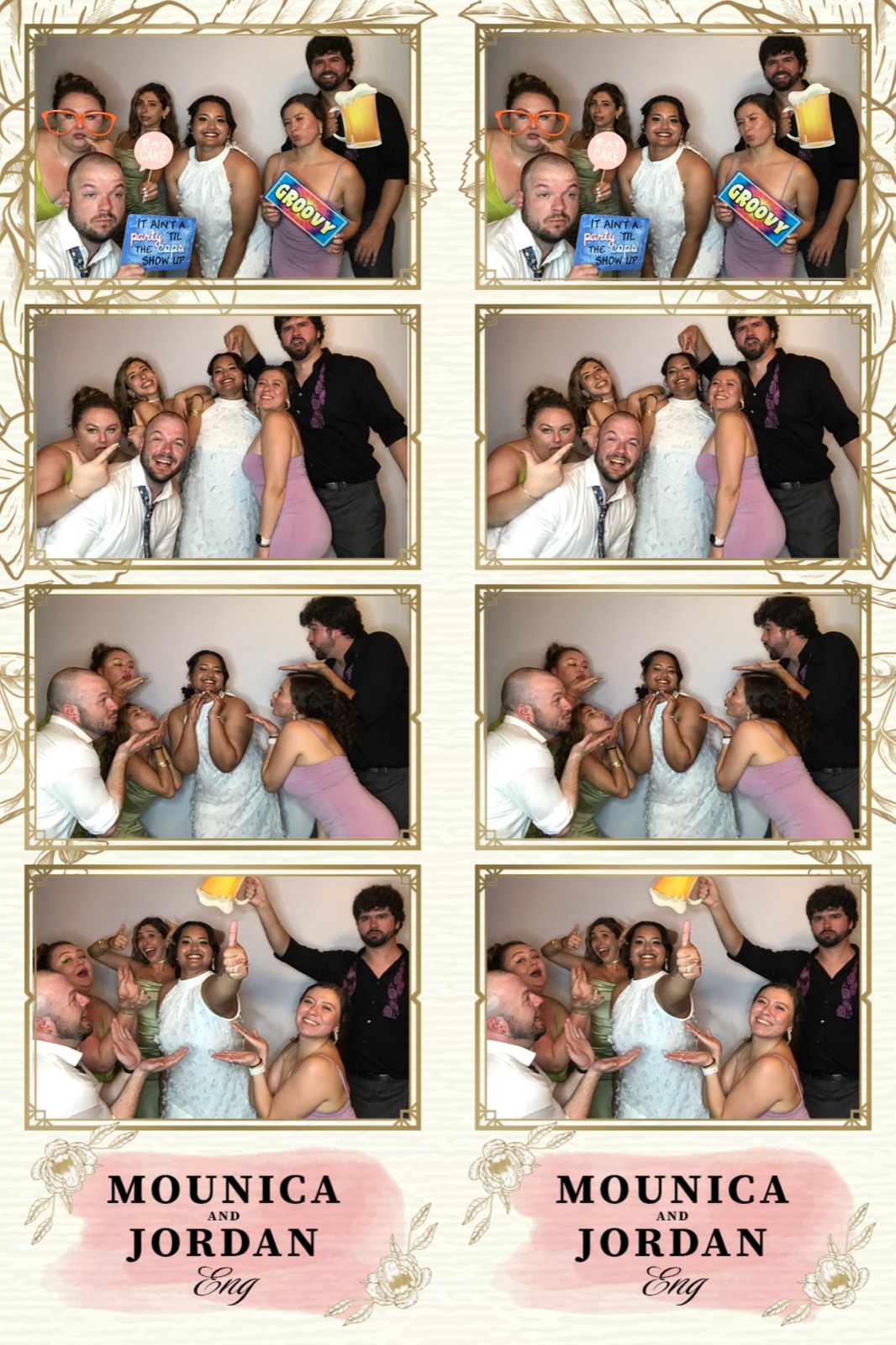 Digital photo layout with eight frames of guests posing with props, a gold floral border, and the names Mounica and Jordan