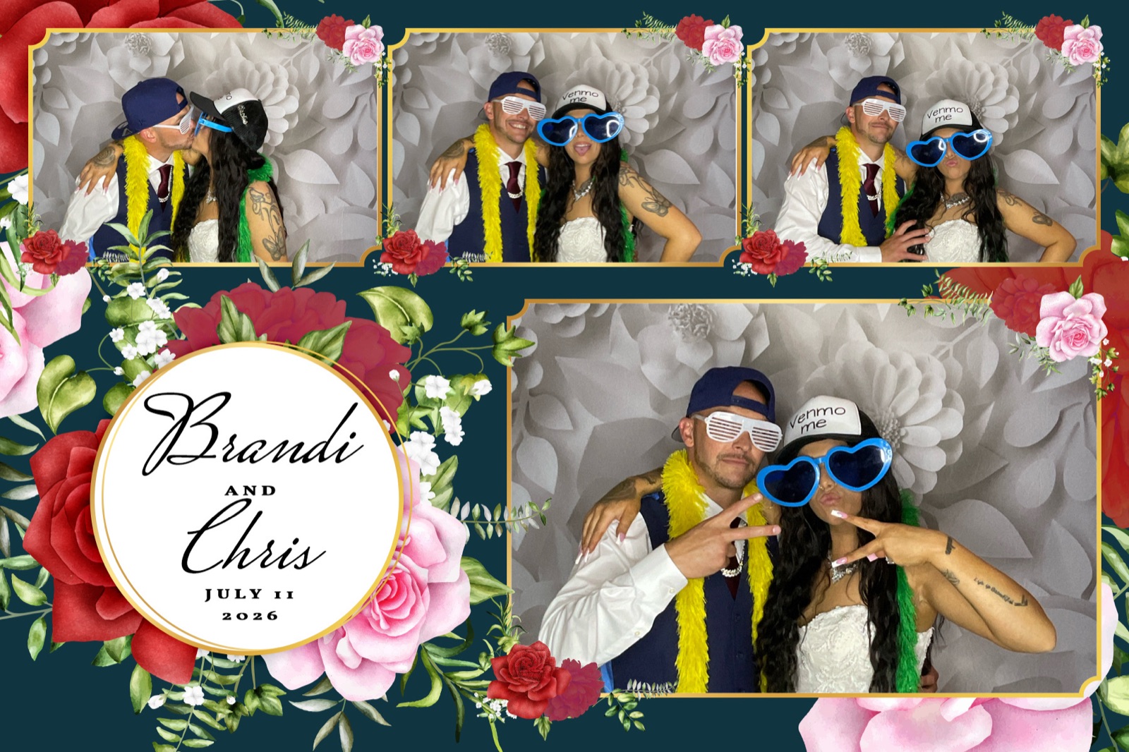Wedding photo booth print of the couple in front of a white flower wall