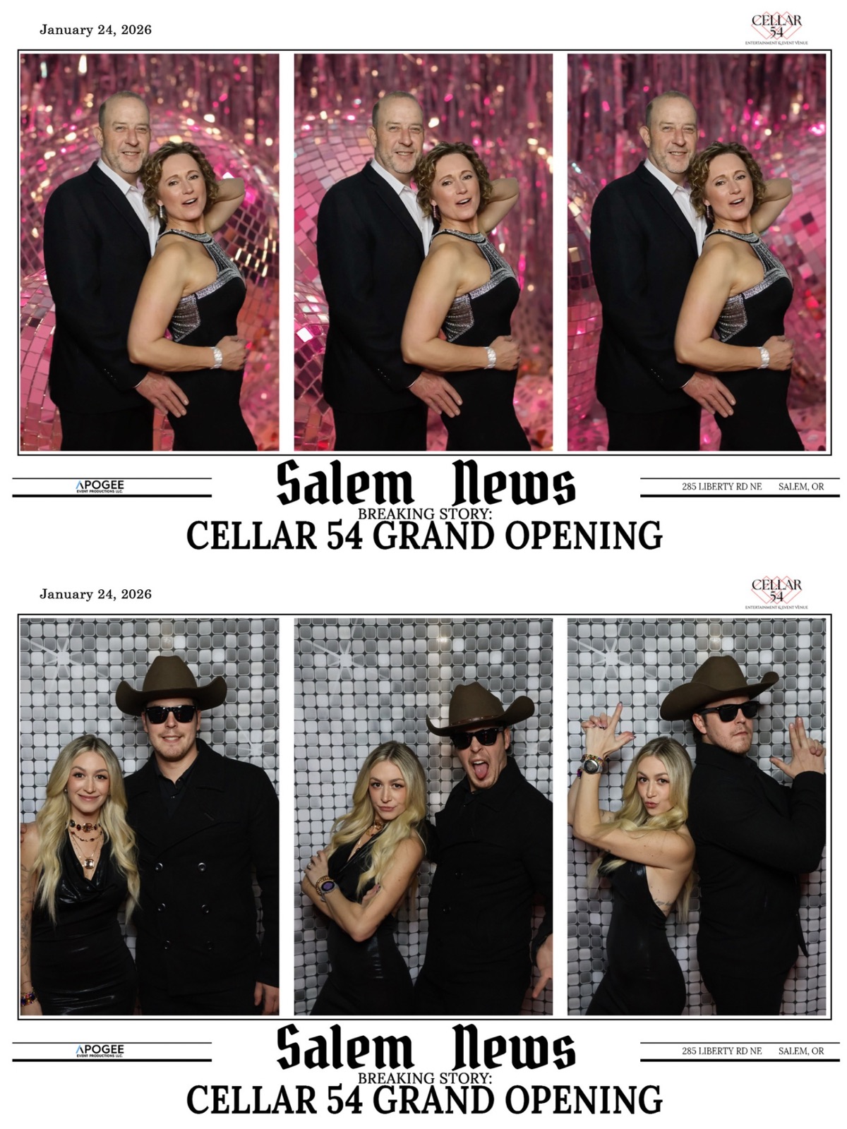 Newspaper-style photo booth print with two couples posing against pink sequin and silver backdrops, headline Cellar 54 Grand Opening