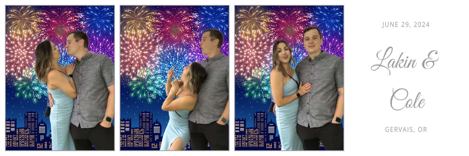 Three-pose photo booth strip of a wedding couple against a fireworks backdrop, labeled Lakin and Cole, Gervais OR