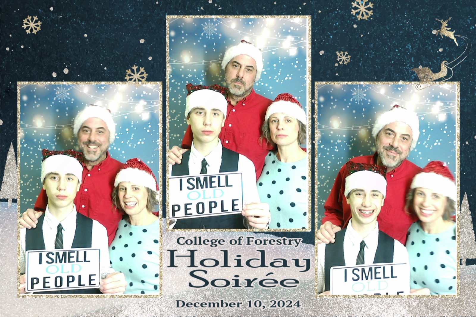 Holiday photo booth print strip of a family in Santa hats at the College of Forestry Holiday Soiree