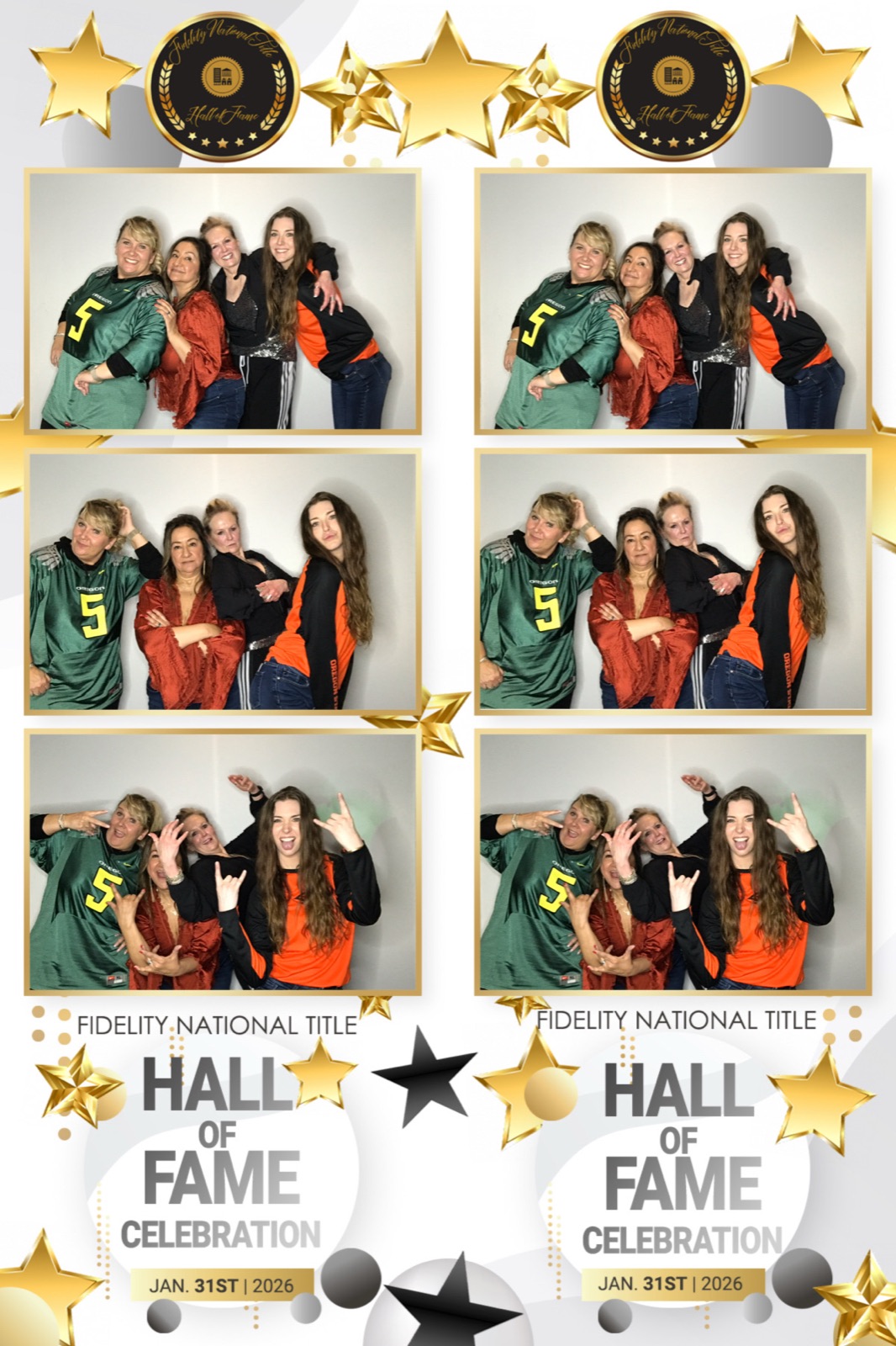 Photo booth print of four women posing at a Fidelity National Title Hall of Fame celebration