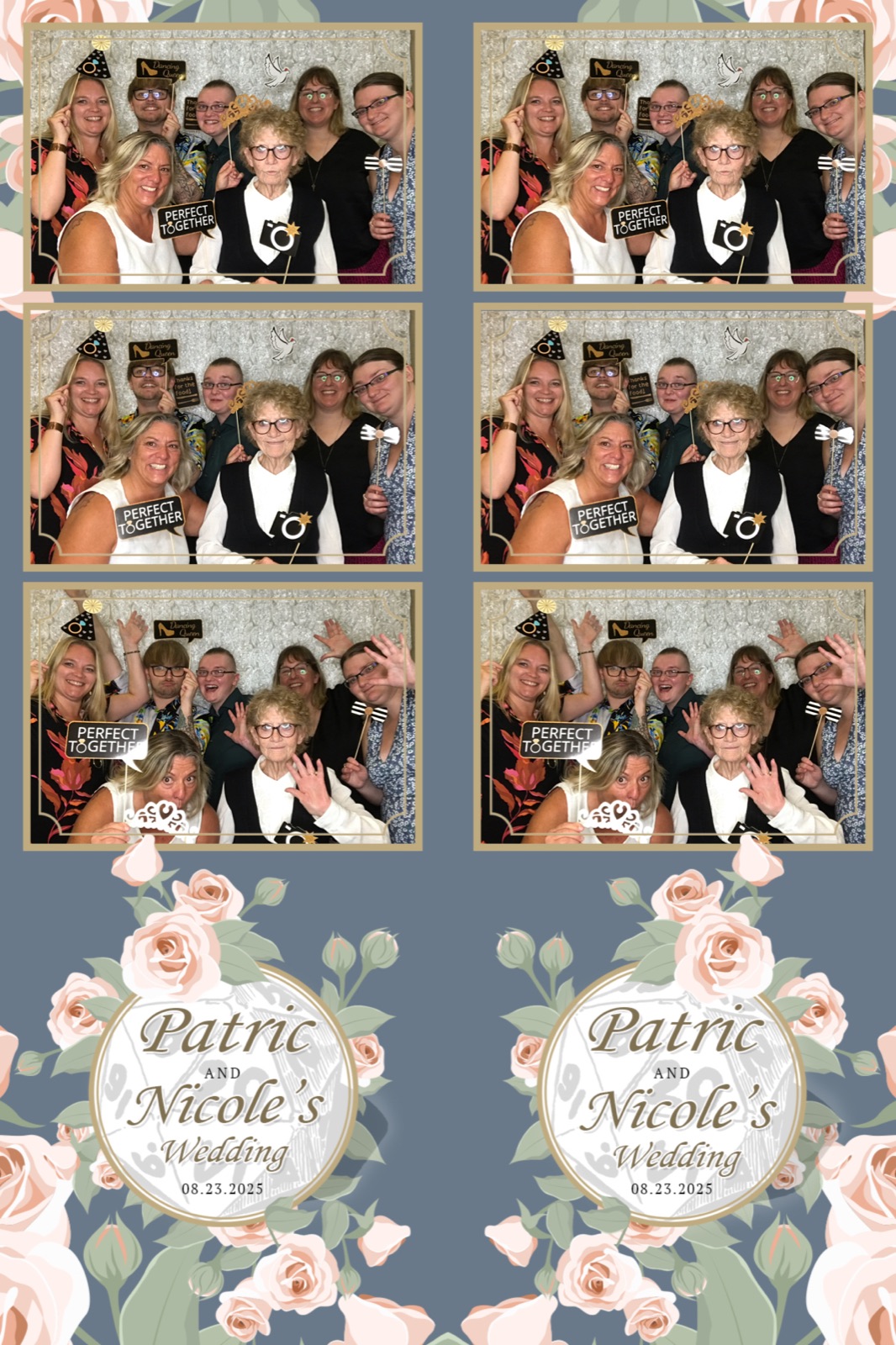 Wedding photo booth print of a family group with paper props on a floral template