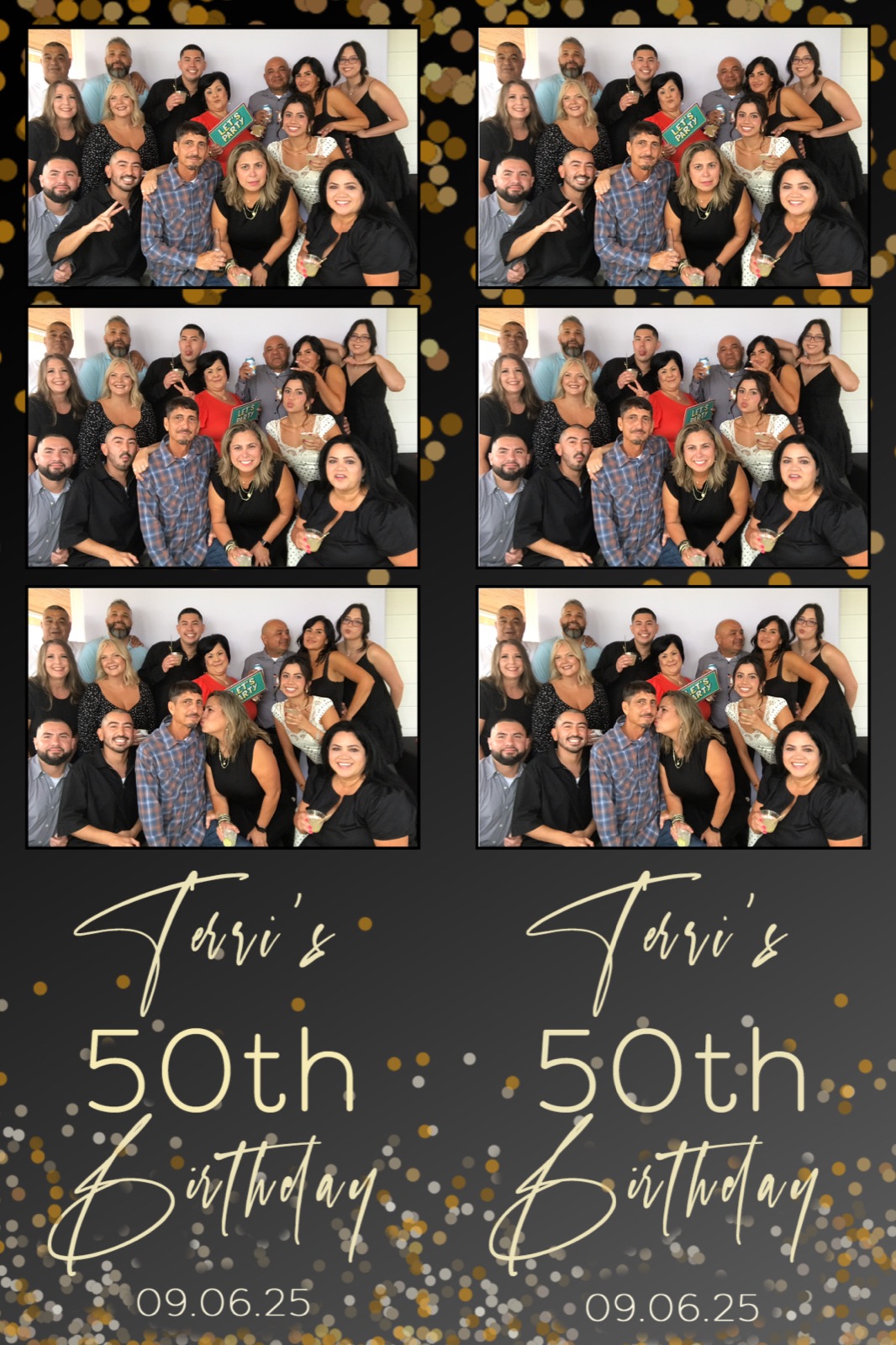 Photo booth print of a large family group celebrating a 50th birthday on a gold confetti template