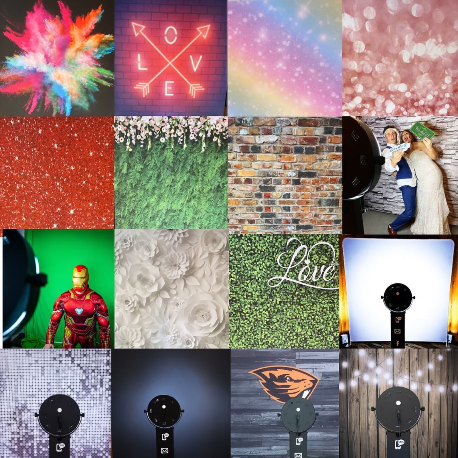 Grid of 16 photo booth backdrop options including glitter, greenery, brick, neon LOVE sign, and wood panels