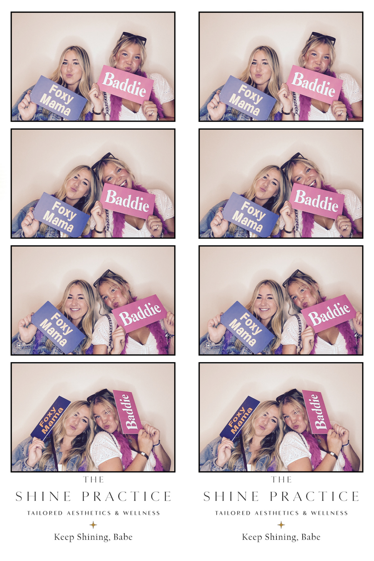 Two guests pose in an eight-frame Princess photo booth print designed for The Shine Practice in Silverton