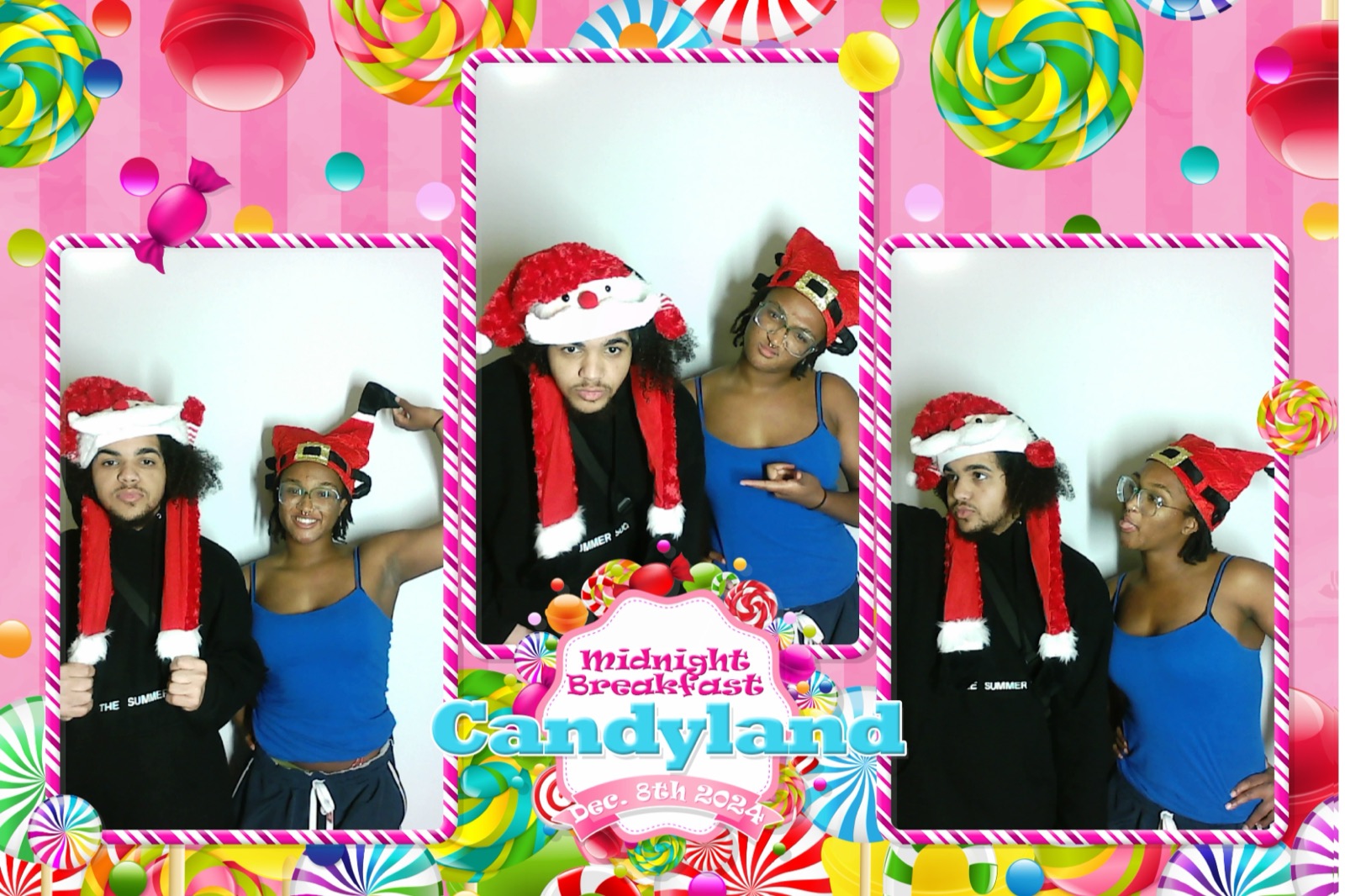 Candy-themed holiday booth print with guests in Santa hats
