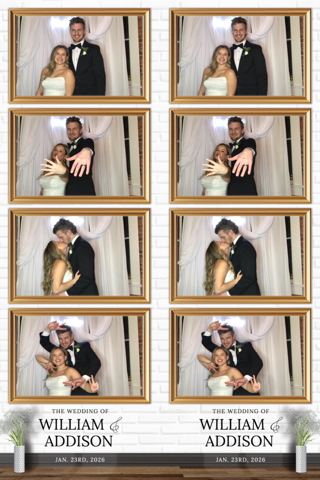 Wedding photo booth print with four framed poses of a bride and groom showing rings and kissing, white brick border