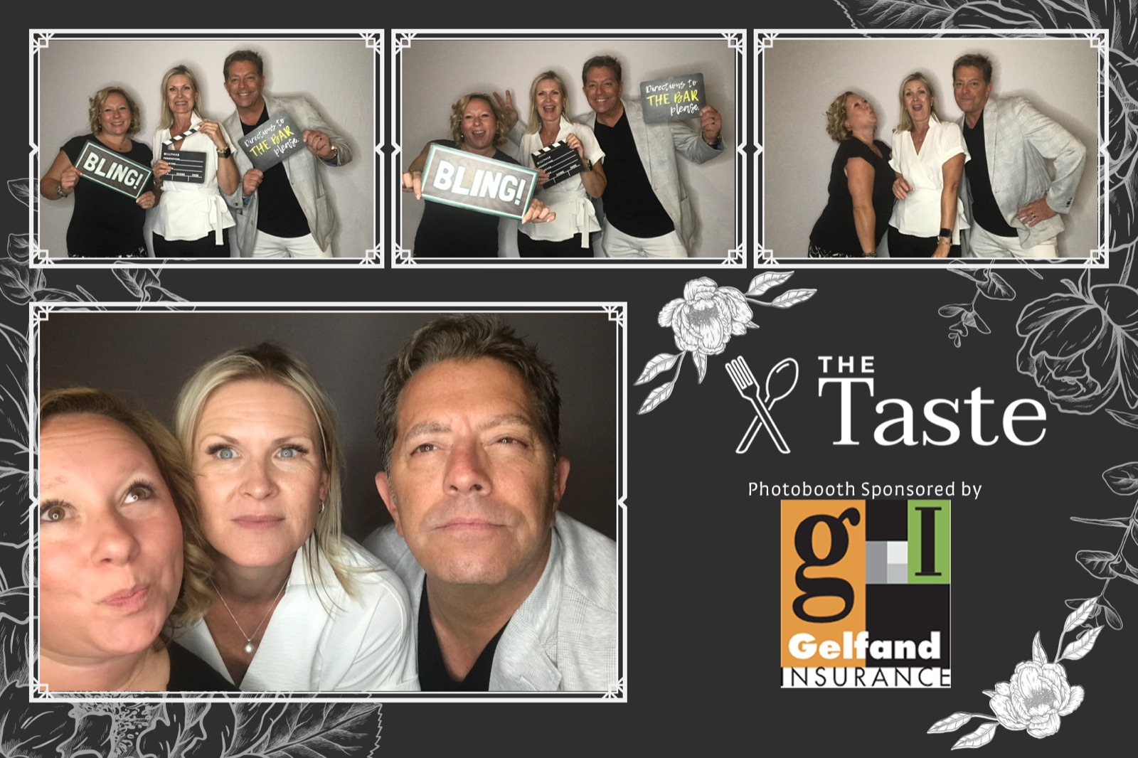 Corporate event photo booth print of three guests with BLING and bar-sign props at The Taste event