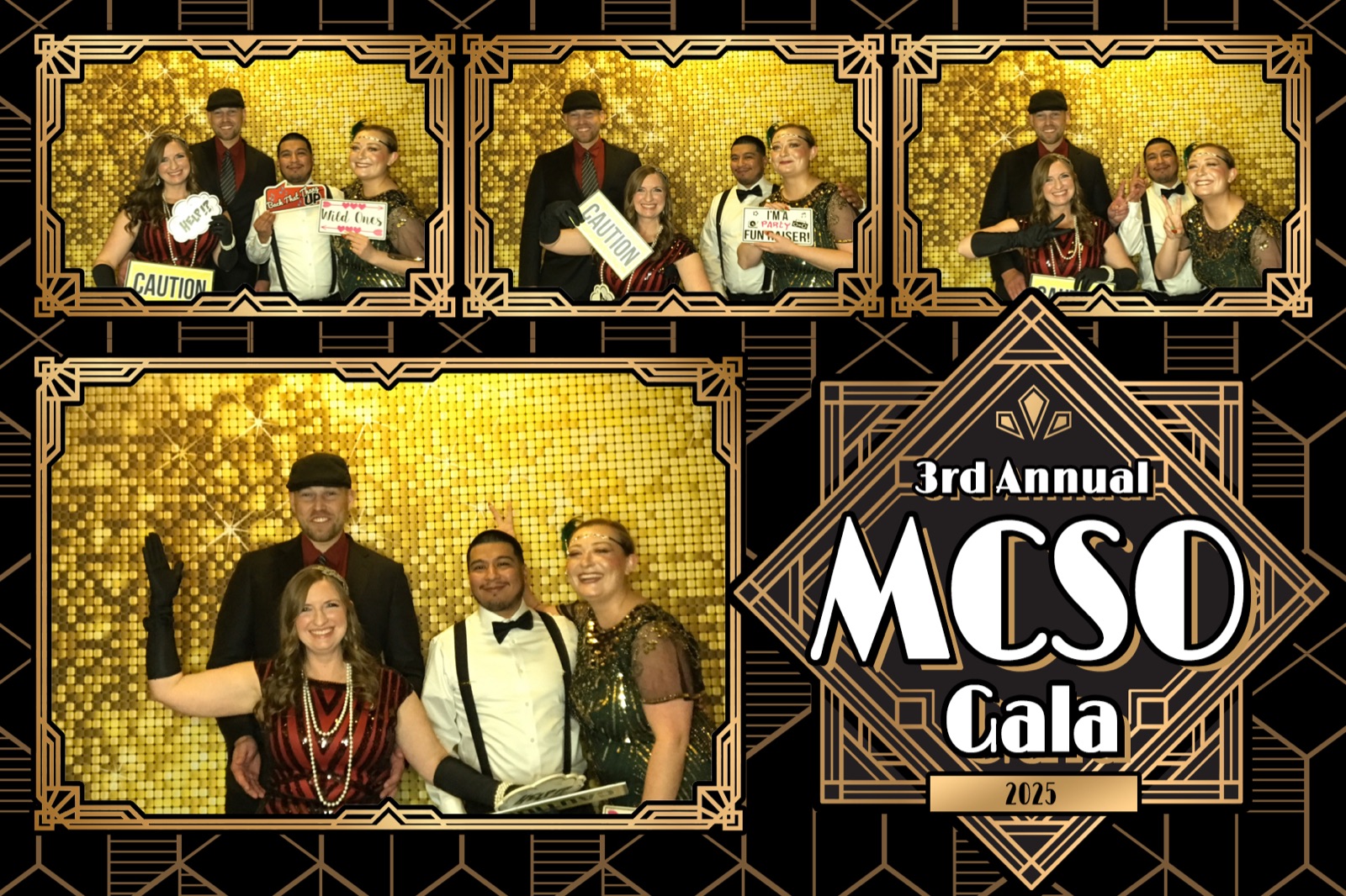 Gatsby-themed photo booth print of four guests in 1920s outfits against a gold sequin wall, MCSO Gala 2025 overlay