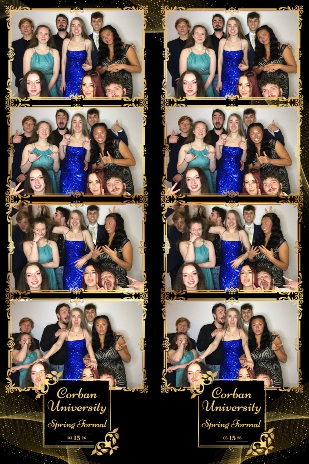 Photo booth print strip of a group of students in formal wear posing in eight frames, Corban University Spring Formal overlay