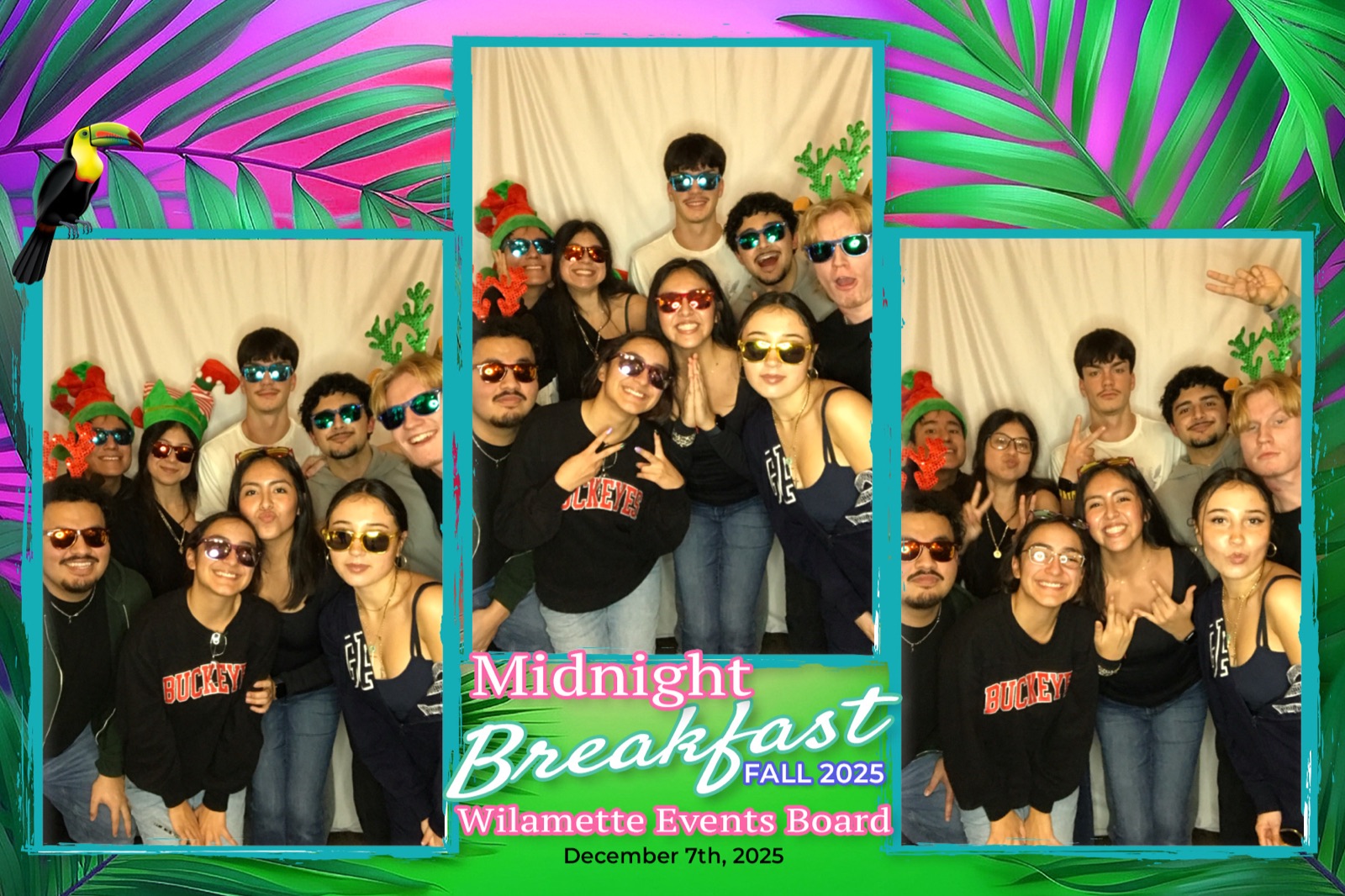 Photo booth print of students in party sunglasses and elf hats, tropical Midnight Breakfast border, Willamette Events Board