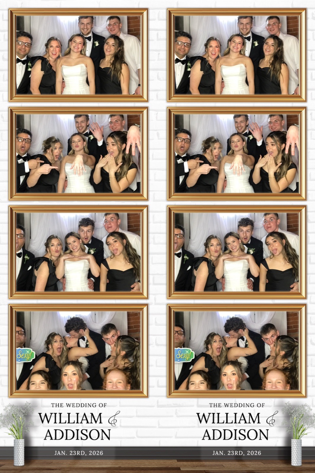 Wedding photo booth print of the bride, groom, and guests making faces and showing rings in four framed shots