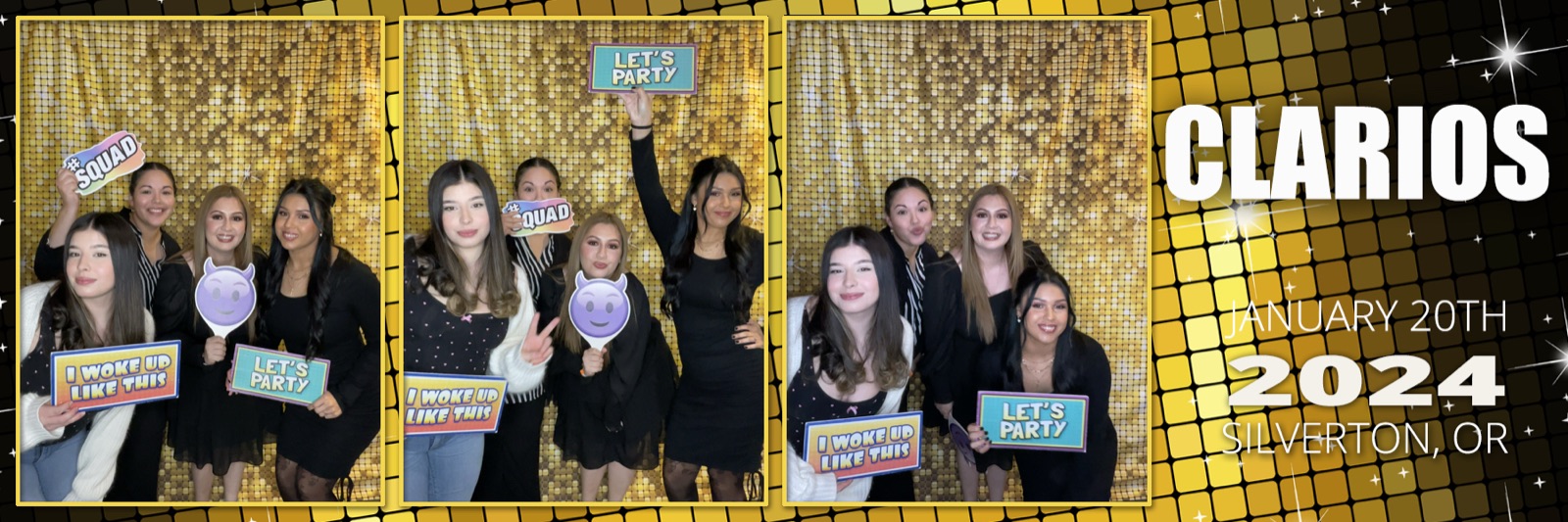 Booth strip of friends with props against a gold sequin backdrop at a Clarios event in Silverton