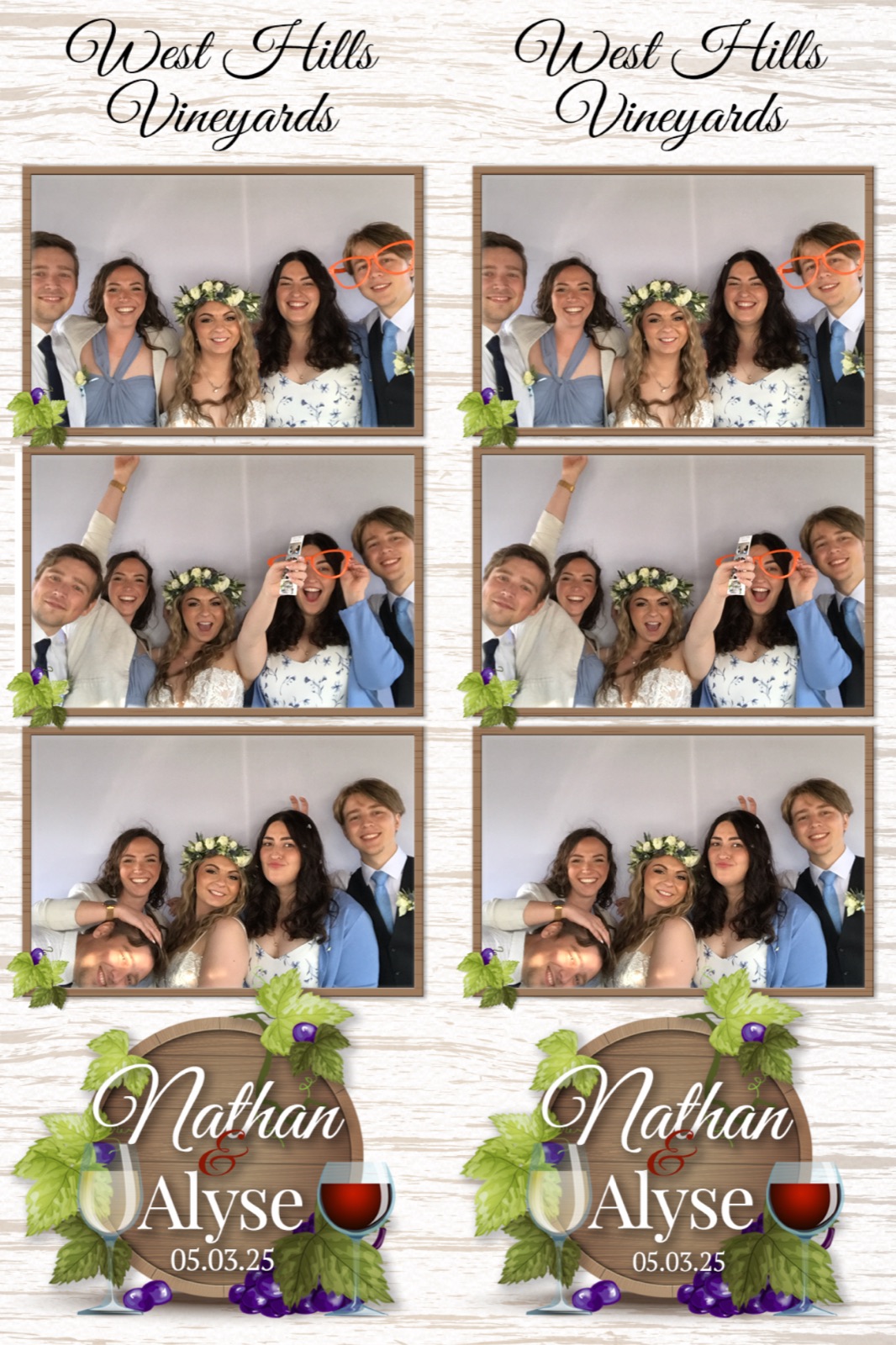 Three-pose photo booth strip with a bride in a flower crown, West Hills Vineyards template