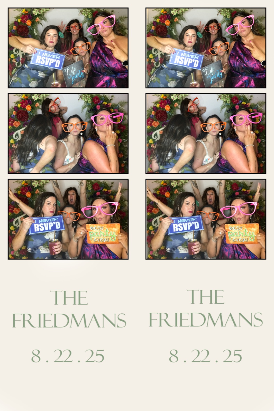 Photo booth strip of four women in oversized glasses holding party signs in front of a flower wall, Medford event