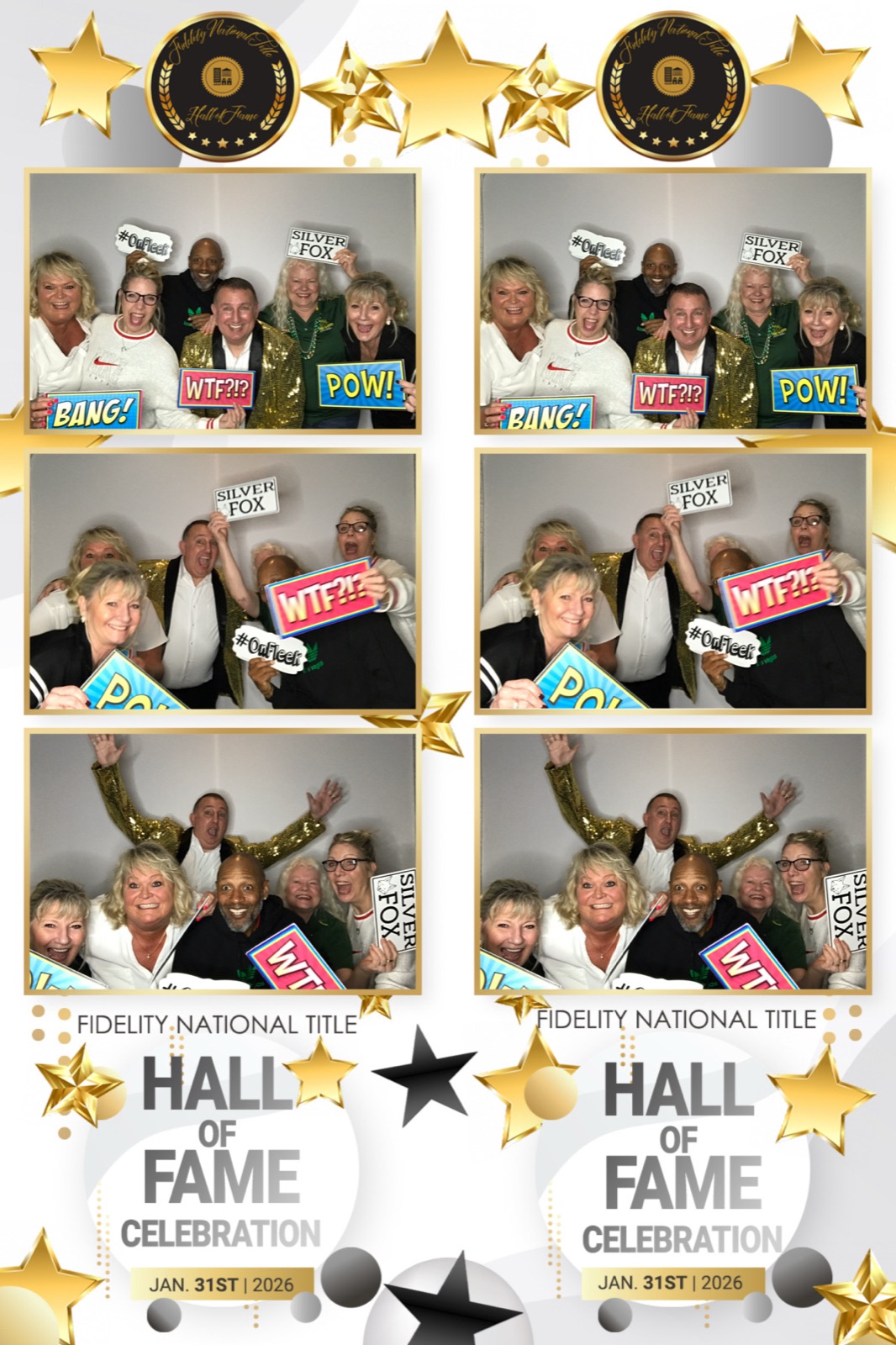 Corporate photo booth strip of coworkers with comic-style prop signs at a Fidelity National Title Hall of Fame party