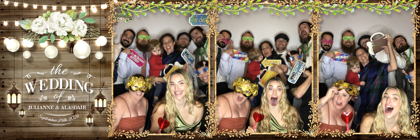 Wide wedding photo booth print with three group frames of guests in masks and props on a rustic wood template
