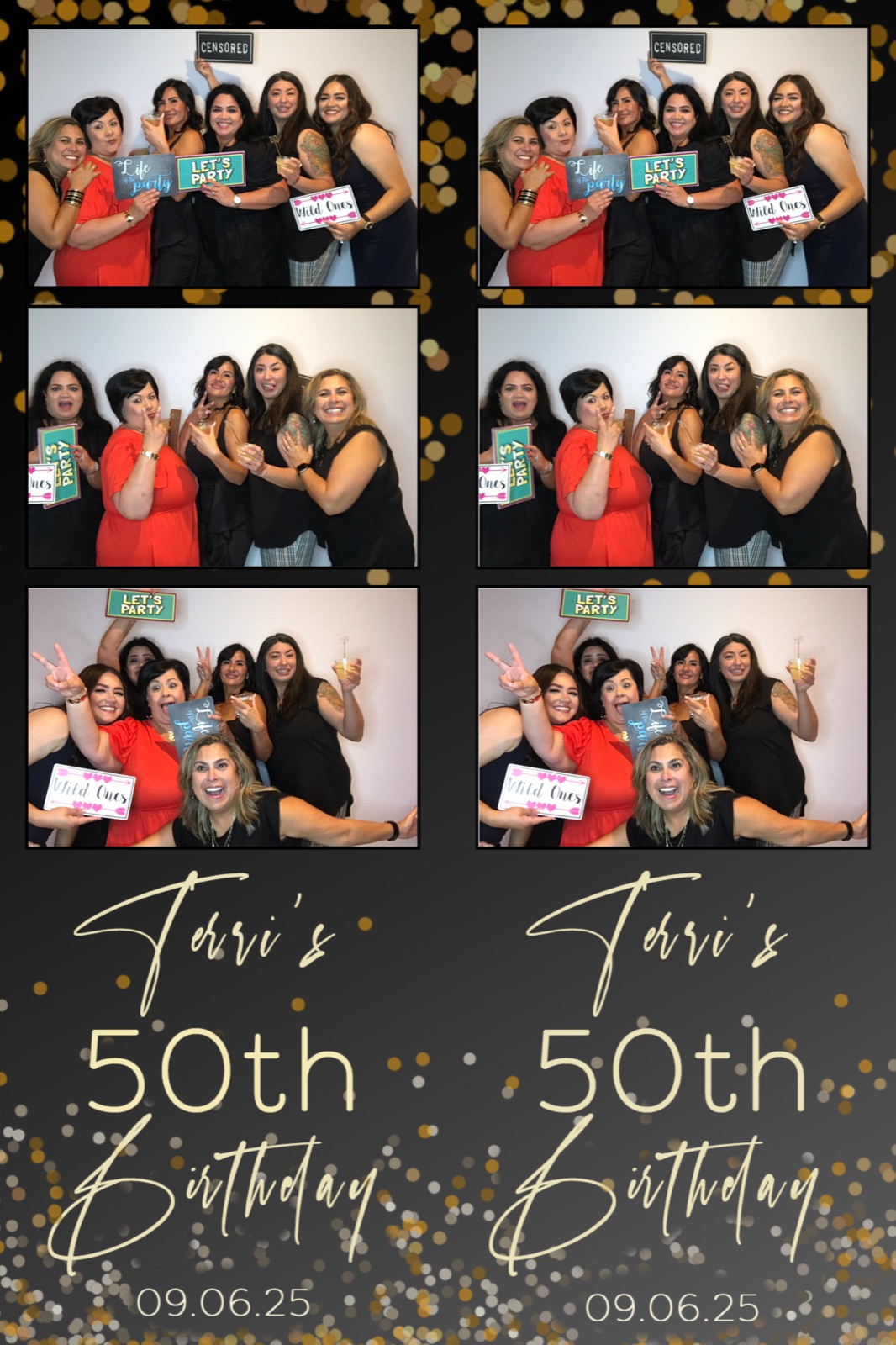Photo booth strip of six women with drinks and party sign props celebrating a 50th birthday