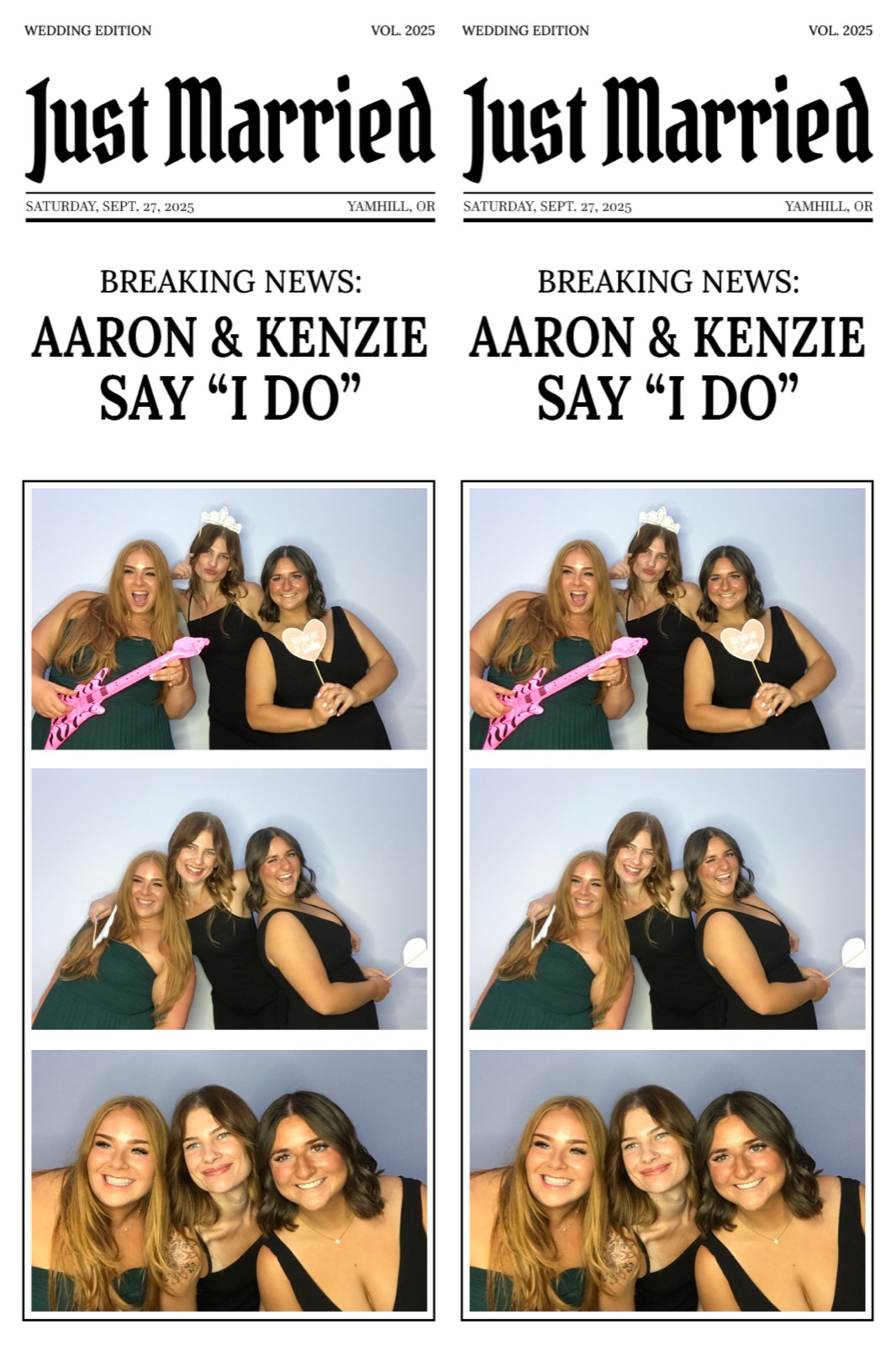 Newspaper-style Just Married photo booth print with three frames of guests posing with props, Yamhill, Oregon wedding