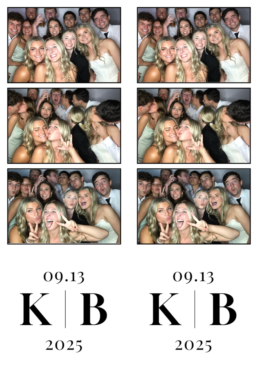 Photo booth strip of a large group of wedding guests and the bride making faces across three frames