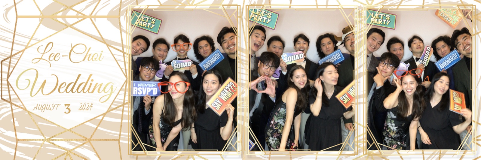 Photo booth print strip from the Lee-Choi wedding with three frames of guests posing with props