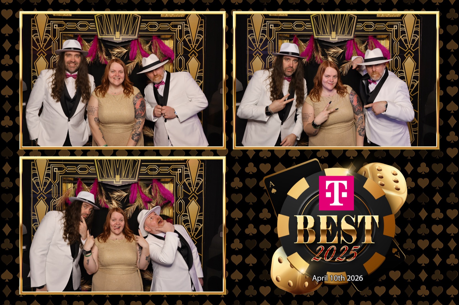 Casino-themed photo booth print of three guests in white suits and fedoras from a T-Mobile Best 2025 event in Salem, Oregon