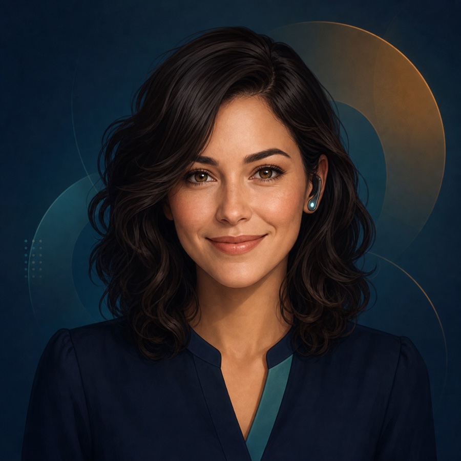 Illustrated portrait of Guinevere, Apogee's AI receptionist, wearing a glowing earpiece
