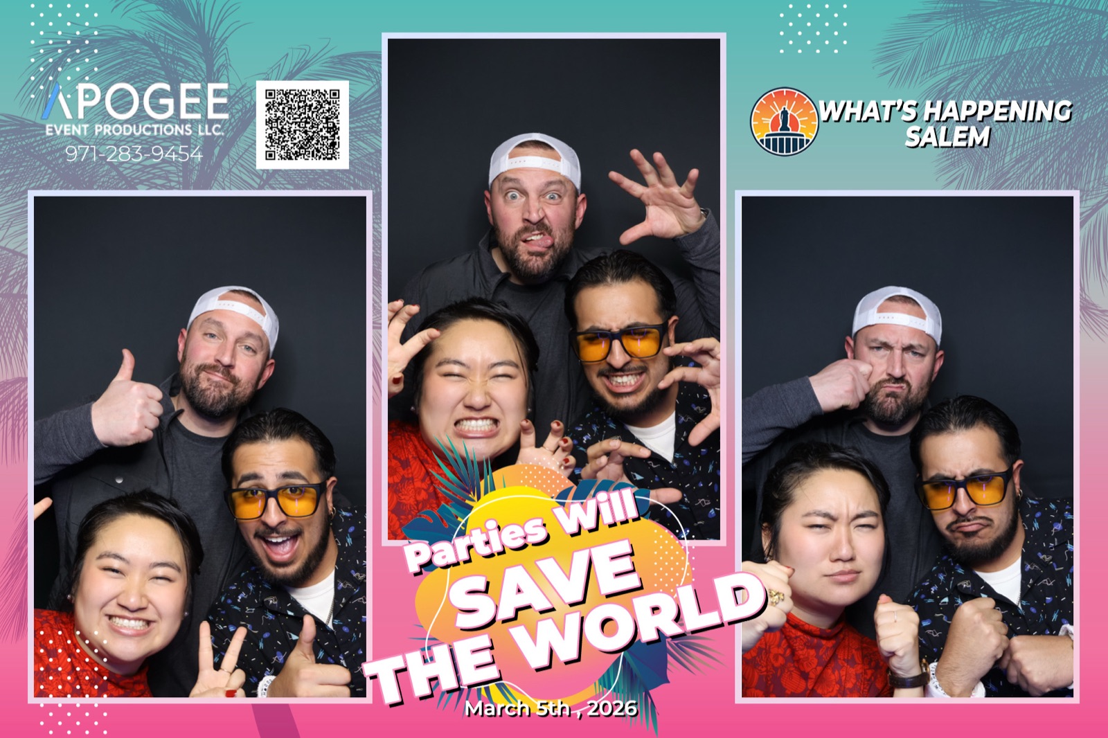 Apogee-branded photo booth print of two men and a woman making faces, with 'Parties Will Save the World' template