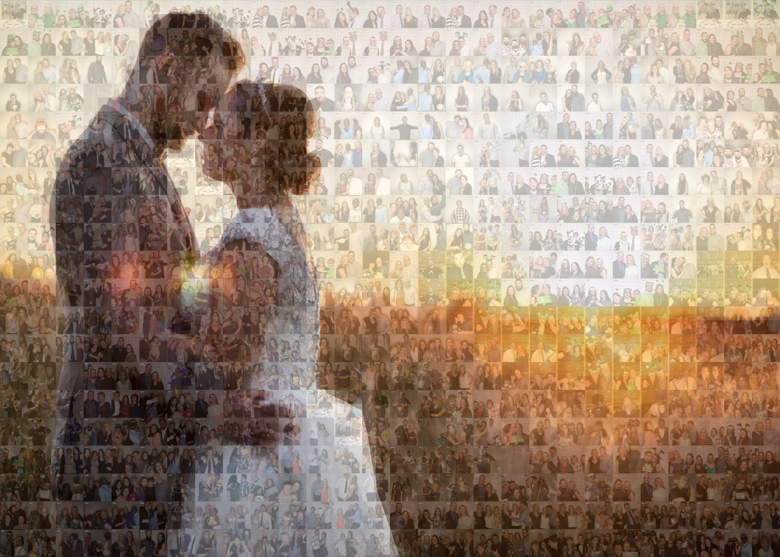Photo mosaic of a kissing bride and groom built from hundreds of photo booth pictures